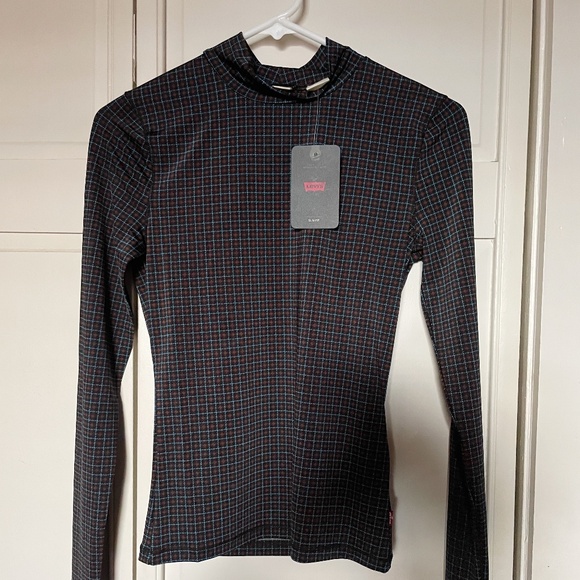 NWT Levi's Houndstooth Mock Neck Long Sleeve Second Skin Stretchy Fitted Top XS - Picture 4 of 8